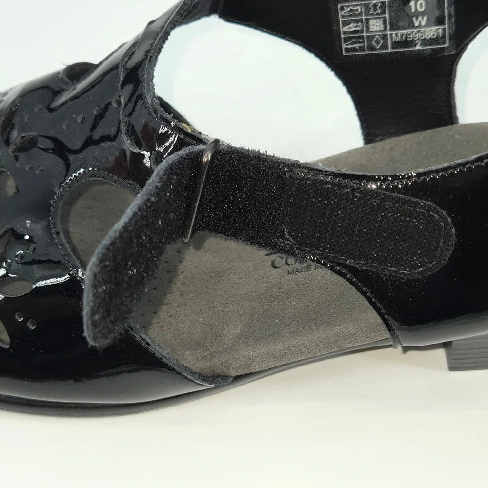 SAS Sunburst Tripad‎ Comfort Black Patent Leather Cutout Sandal Low Heel 10 W